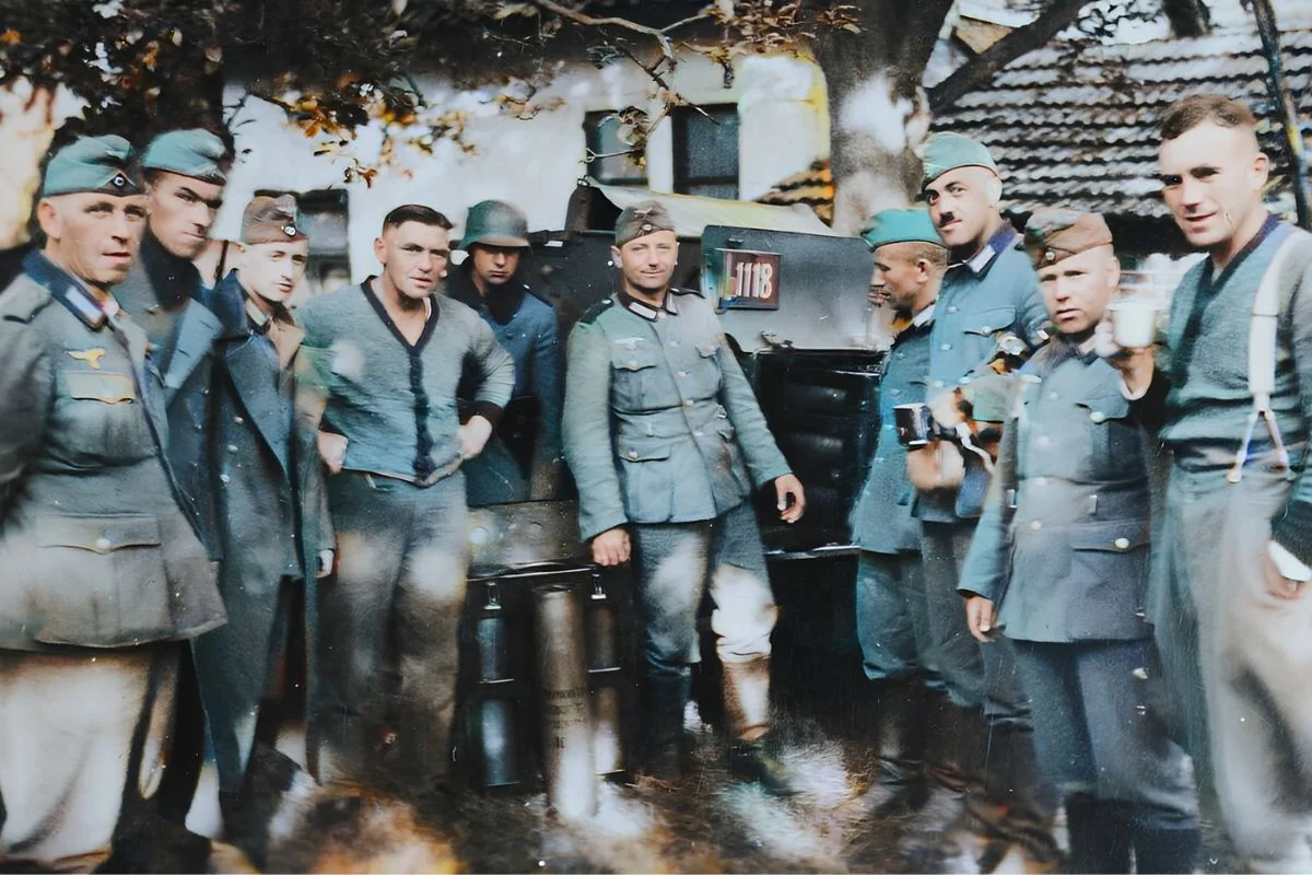 WW2 German army soldiers gathered around vehicle in field camp, Wehrmacht uniforms
