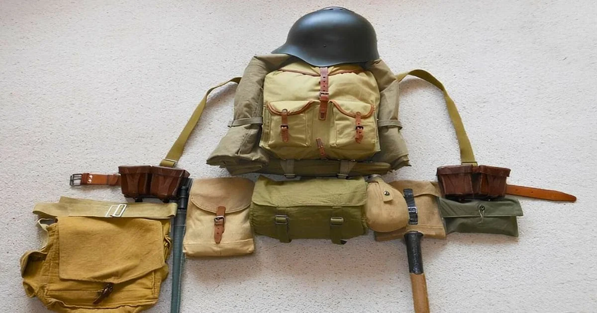 WW2 Soviet Red Army field uniform, backpack, helmet, pouches and equipment layout