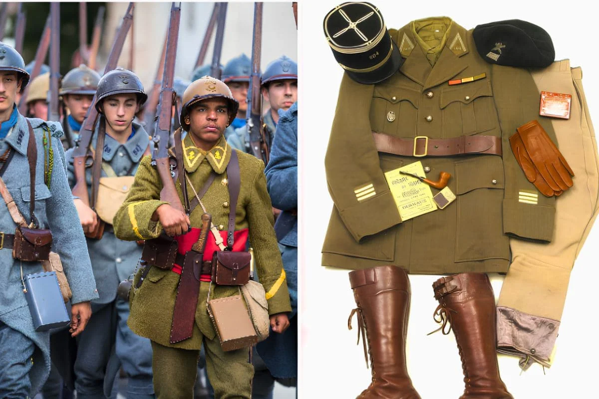 WW2 French Army uniforms with colonial troops and France officer field equipment