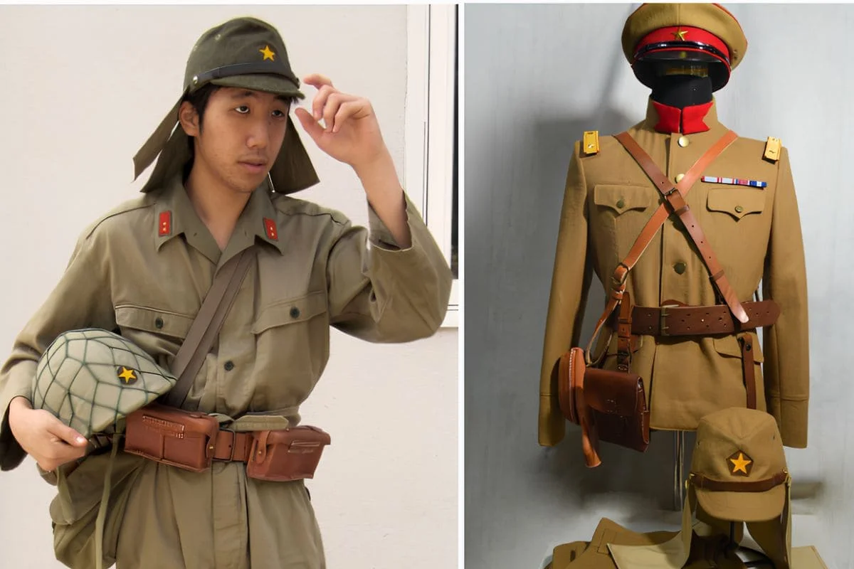 WW2 Imperial Japanese Army uniforms with caps, helmets, jackets and officer equipment