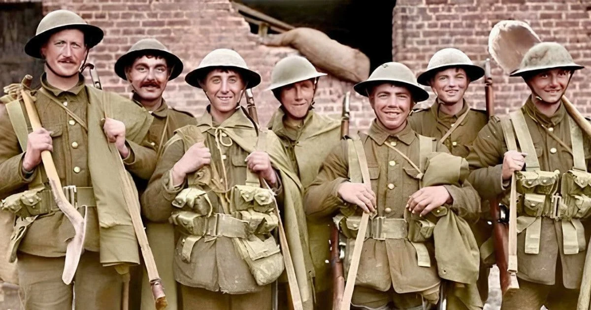 WW2 British soldiers and officers in early-war uniforms with Brodie helmets