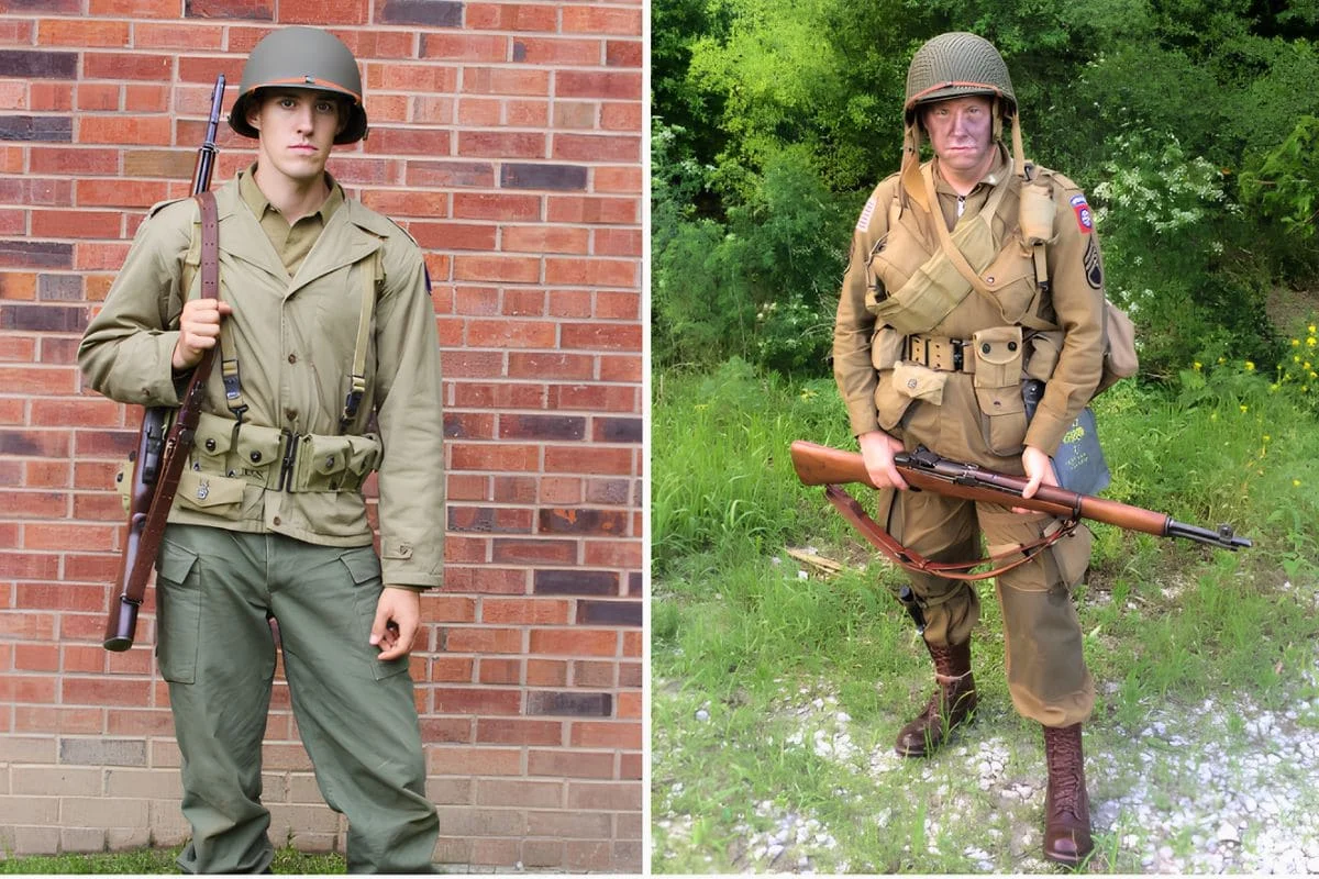 WW2 US Army soldiers wearing M1941 and M1943 field uniforms with M1 helmets and jackets.