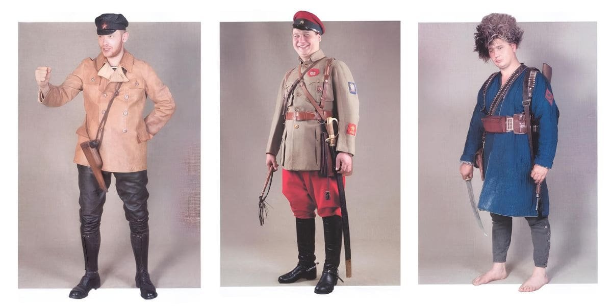 Red Army soldiers in Civil War uniforms 1918–1922, winter gear, Budenovka hats