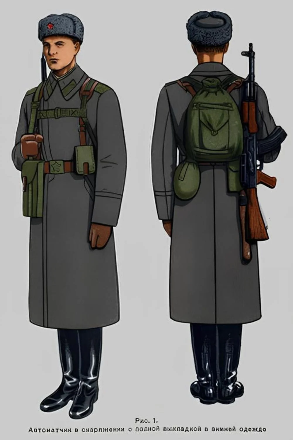 Soviet Army winter uniform 1968, USSR greatcoat, ushanka, AK rifle and field gear for reenactment