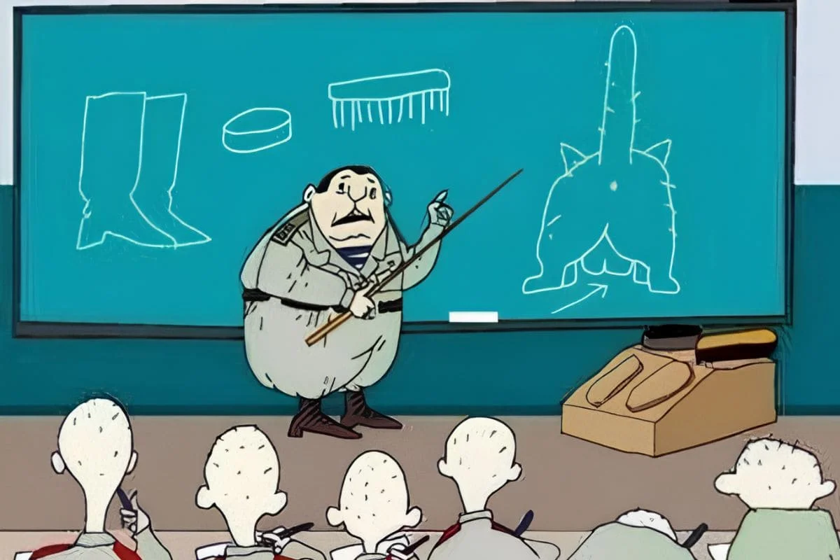 Funny Soviet-style illustration about boot care, showing polishing, brushing and cleaning military sapogi