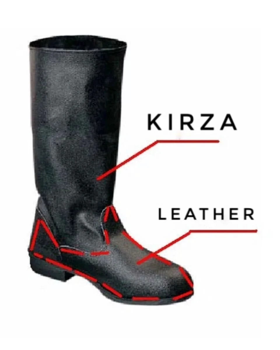 Soviet kirza boots diagram showing kirza upper and leather lower part, USSR military sapogi