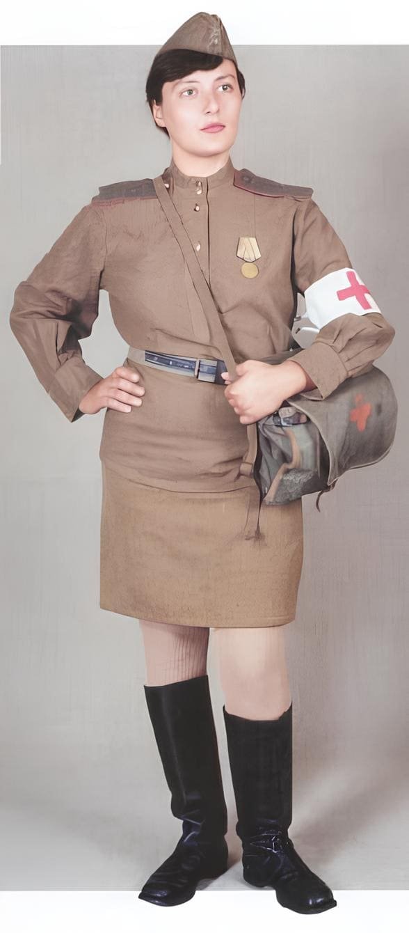 WWII Soviet Red Army medical orderly wearing field uniform with medical insignia, 1943–1944