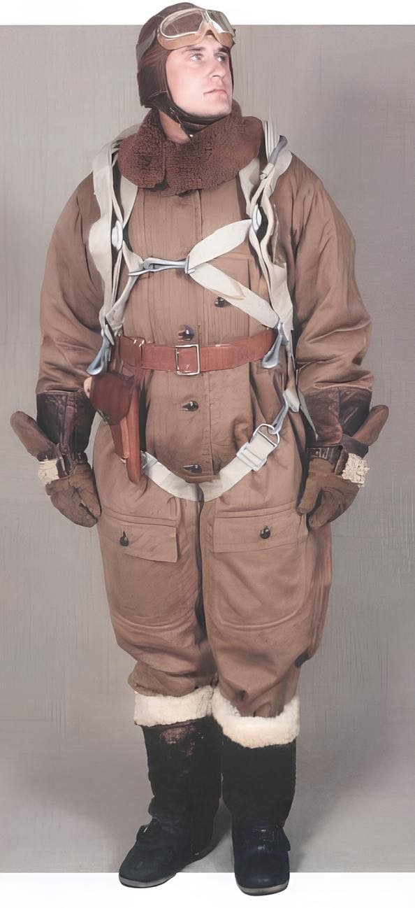 WWII Soviet Air Force pilot wearing flight gear and winter equipment, 1943–1945