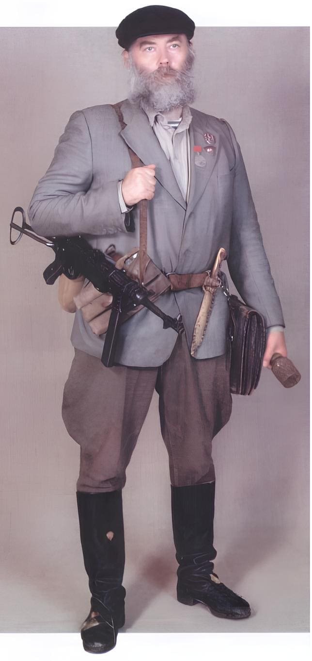 Soviet partisan Pavel Lipatov wearing partisan uniform 1943–1944