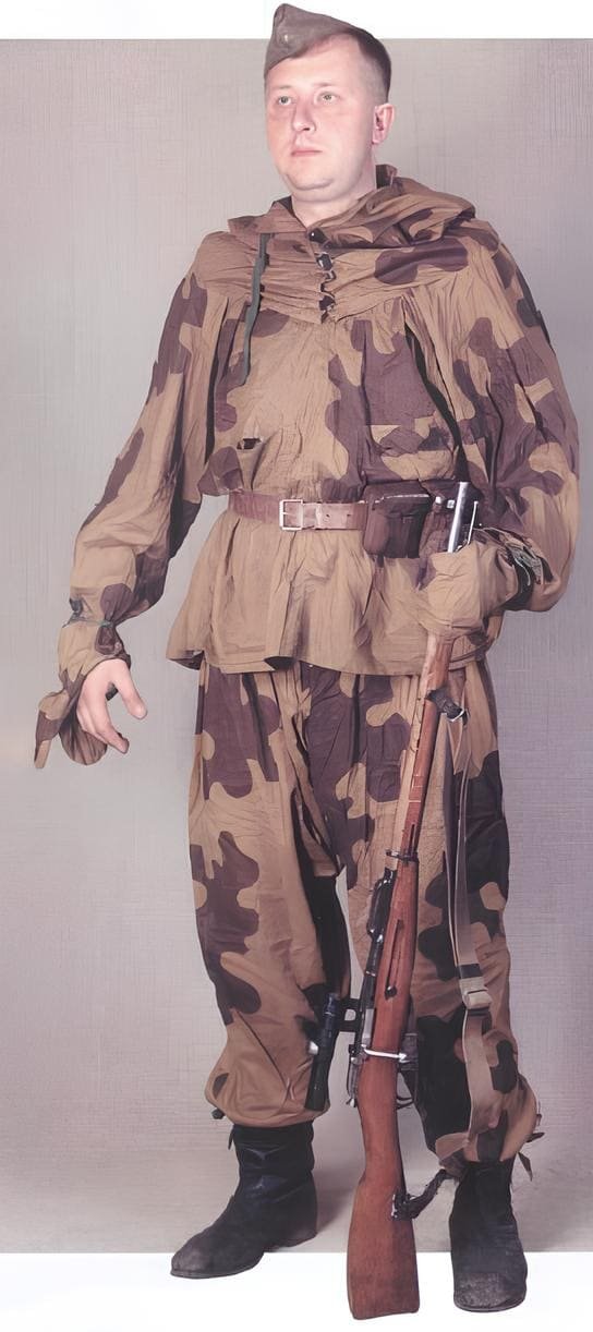 Soviet sniper in autumn camouflage uniform, World War II