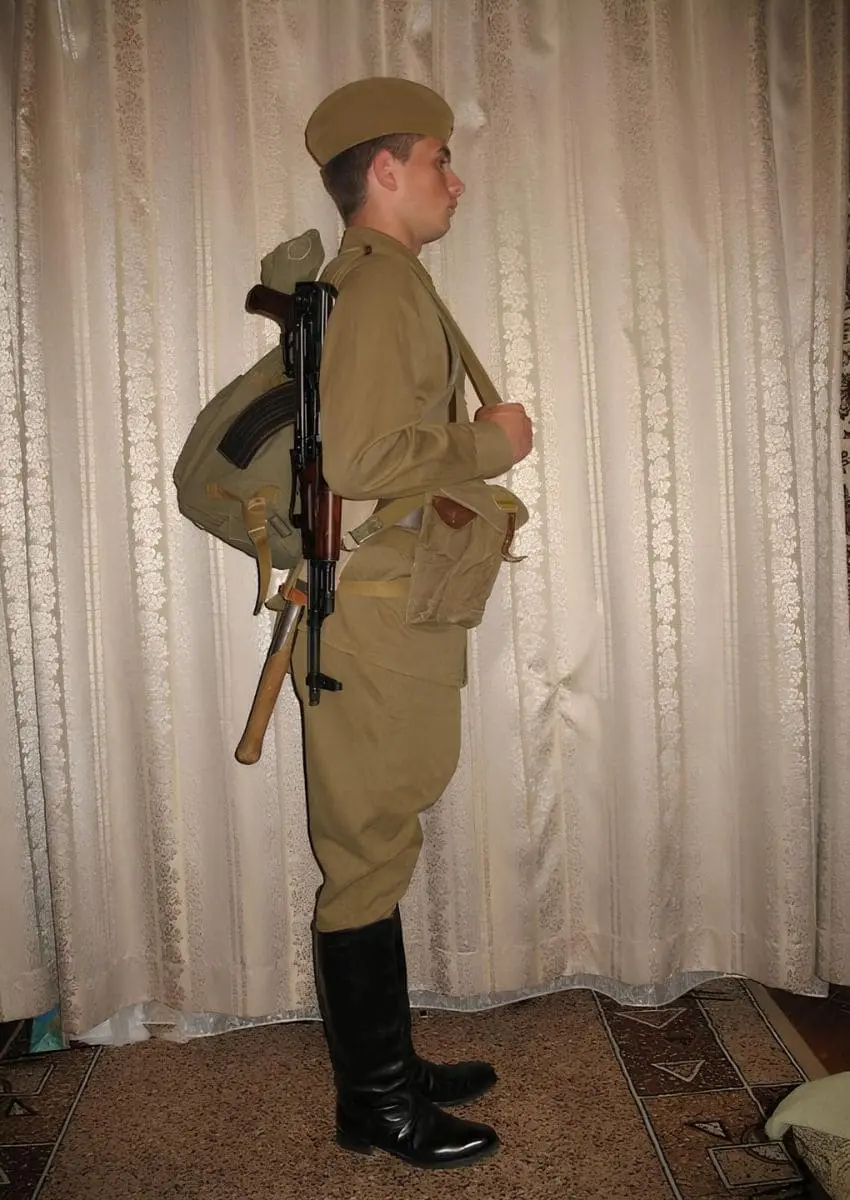 Soviet Army uniform 1968, Cold War Red Army jacket, breeches, AK rifle, backpack and kirza sapogi for reenactment