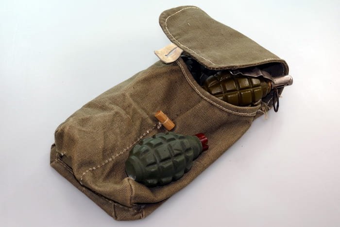 Soviet Red Army grenade bag with hand grenades, infantry equipment, World War II