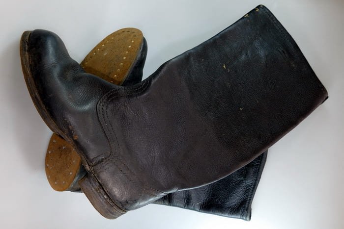 Yuft leather boots worn by Red Army infantryman, Soviet military footwear, World War II