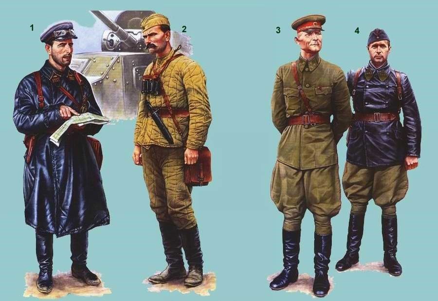 Red Army tank brigade commander Colonel Katukov, BA-10 armored car commander, General Ivan Konev, and tank division commissar in field uniforms, autumn 1941