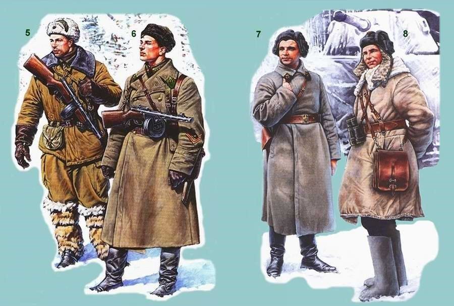 Red Army airborne commander, NKVD border guard and tank officers in winter uniforms, 1941