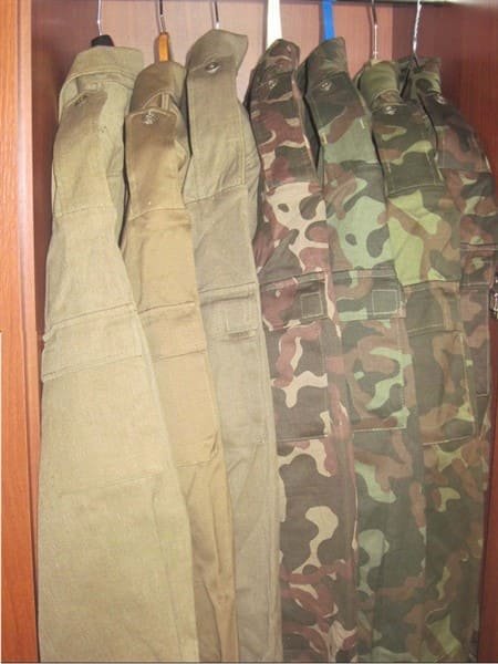 Different color shades of Soviet Afghan War field uniforms Afghanka and Dubok