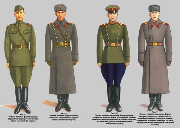 Soviet Army extended service personnel uniform 1957, parade and winter dress uniforms of sergeants and soldiers