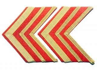 Soviet Red Army gold galloon chevron on red backing, Model 1940