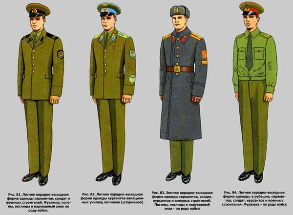 Soviet Army parade uniforms of conscripts and cadets, 1988 pattern, showing variations of dress uniform and greatcoat