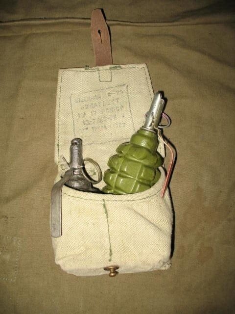 Soviet Army grenade pouch with hand grenades, standard field gear used between 1968 and 1991