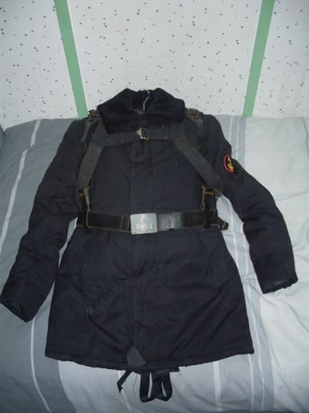 Soviet Naval Infantry black field jacket with webbing, front view, Cold War period