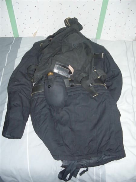 Rear view of Soviet Naval Infantry black field jacket with belt, flask and pouches, Cold War era