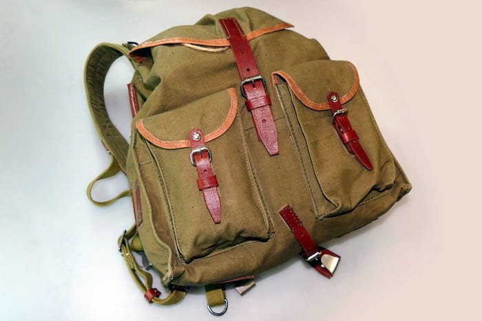 Soviet Red Army infantry backpack model 1939 with canvas body and leather straps, World War II