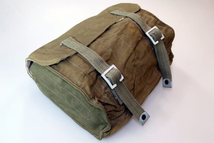 Soviet Red Army food bag model 1941 worn on waist belt, infantry field equipment