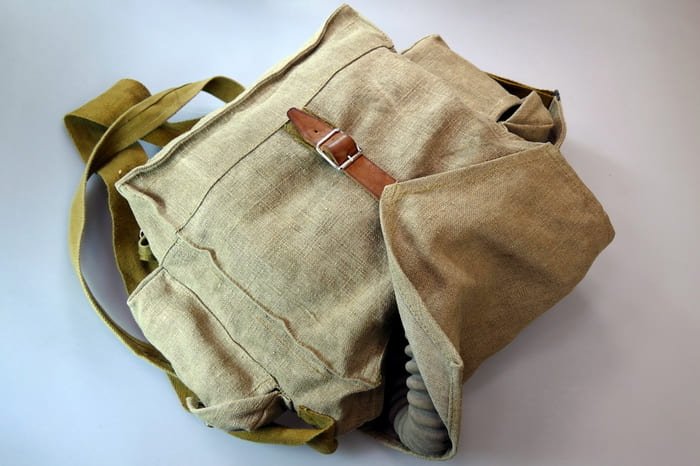 Soviet Red Army gas mask bag model 1936 with shoulder strap, World War II equipment