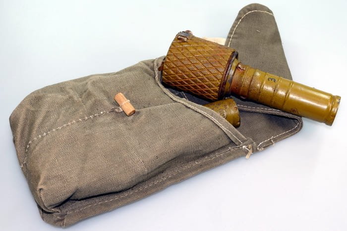 Soviet Red Army grenade bag with hand grenade and detonator, World War II infantry equipment