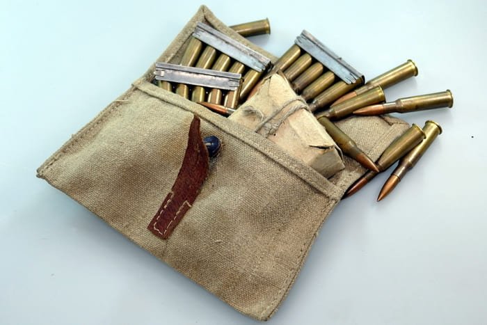 Soviet Red Army spare ammunition bag with cartridges and stripper clips, World War II