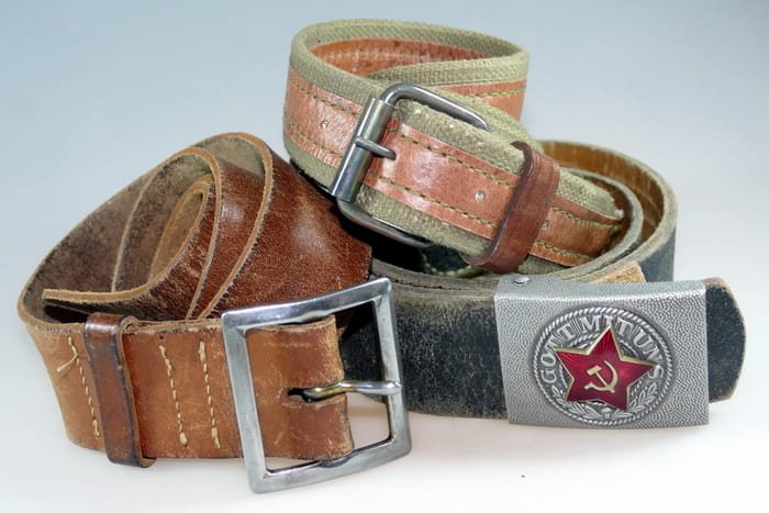 Soviet Red Army waist belts from World War II, including leather, webbing, Lend-Lease and modified trophy belts