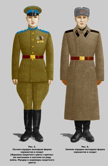 Soviet Army sergeant dress uniforms after Order No. 120 of 1956, showing summer and winter parade service uniforms