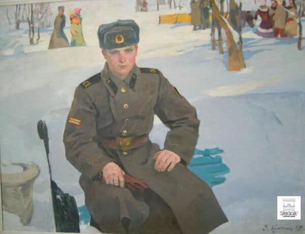 Soviet Army soldier on leave wearing sleeve service stripes before their abolition in 1982