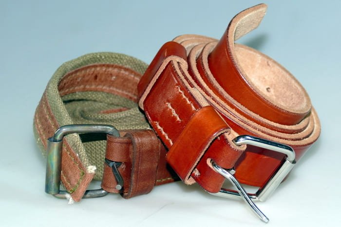 Soviet Red Army soldier waist belts from 1941, showing leather and webbing belt types with metal buckles