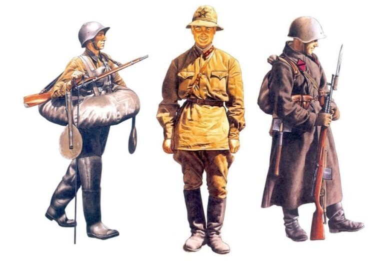 World War II Soviet uniforms of Red Army soldiers, 1941–1942, illustrated infantrymen in field clothing and equipment
