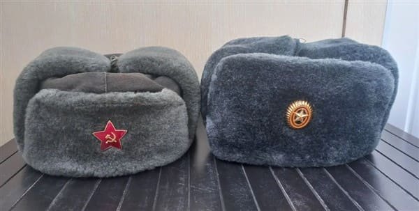 Soviet and Russian military ushankas, soldier and officer versions, front view