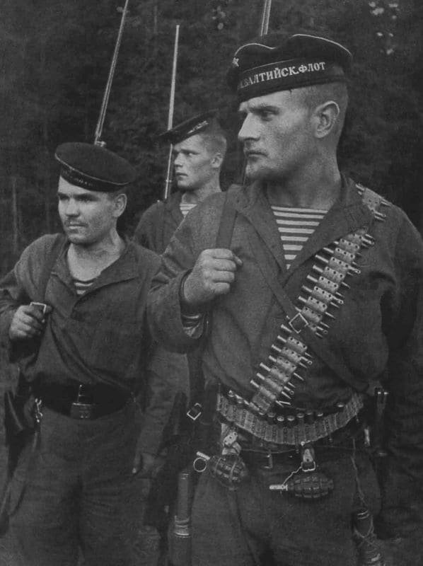 Baltic Fleet naval infantry soldiers wearing telnyashka striped shirts during World War II