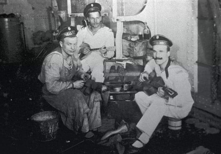 sailors of the battleship Petropavlovsk 1914 wearing telnyashka striped shirts russian navy