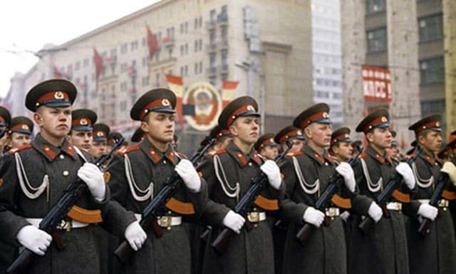 Cold War Soviet Army parade uniform with greatcoats during military parade