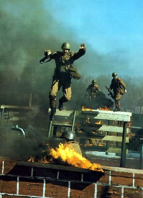 Cold War Soviet Army soldiers during military training obstacle course