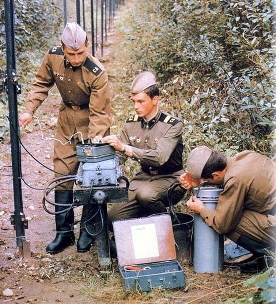 Cold War Soviet artillery soldiers operating field communication equipment