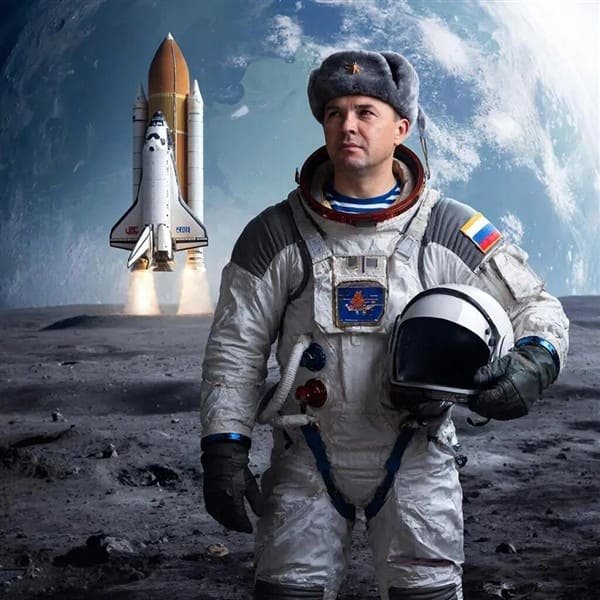 Cosmonaut wearing a traditional ushanka on the Moon, holding a helmet with a spacecraft in the background