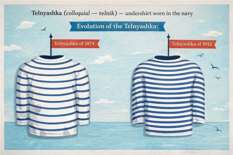 Evolution of the Russian telnyashka from 1874 to 1912 showing stripe reform