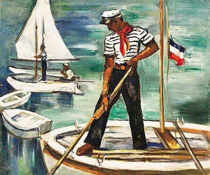 French sailor wearing a telnyashka striped shirt near boats, early naval superstition about the russian striped shirt and sea spirits