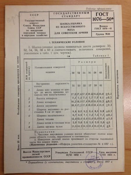 GOST 1076-50 standard for artificial fur ushanka hat for soldiers of the Soviet Army