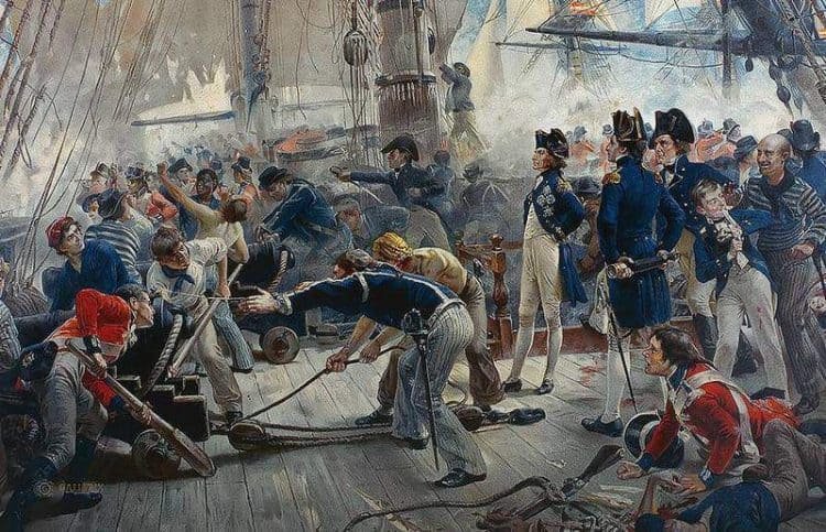 Heroes of Trafalgar painting by William Overend sailors wearing striped shirts early telnyashka style