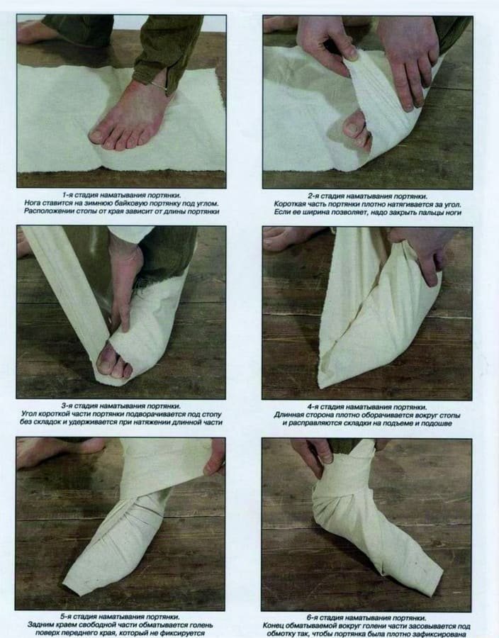 Step-by-step instruction on how to wrap Soviet foot wraps (portyanki) used by Red Army and Soviet Army soldiers in kirza boots