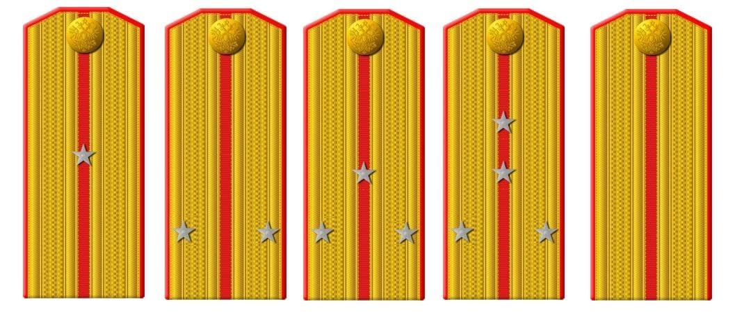 Imperial Russian Army company officer epaulettes with one central stripe and star insignia indicating rank hierarchy before 1917