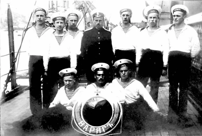 Imperial Russian Navy sailors wearing telnyashka striped shirts on deck, early russian navy uniform